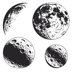Obraz premium Four lunar surface crater silhouettes black and white moon craters