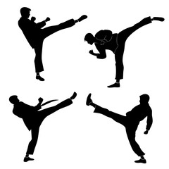 Four martial artists performing high kicks in silhouette martial arts karate
