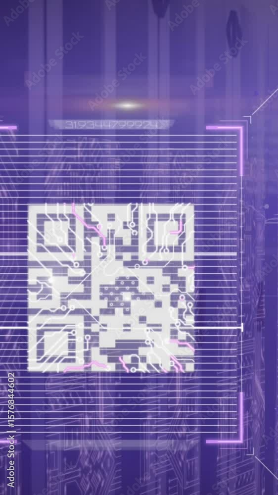 Poster animation of qr code scanner over screens of microprocessor connections against server room
