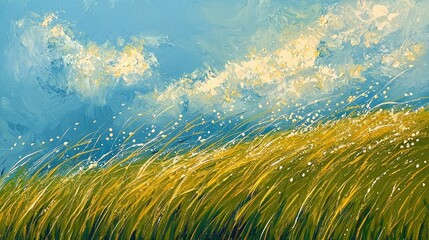 A vibrant landscape painting of blowing grass under a bright sky.