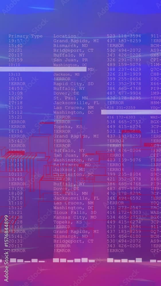 Poster animation of light trails over data processing and 3d city model against gradient background