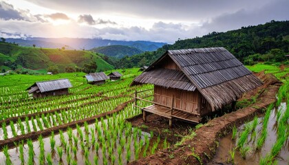 Lush rice paddies, traditional wooden houses, mountain views