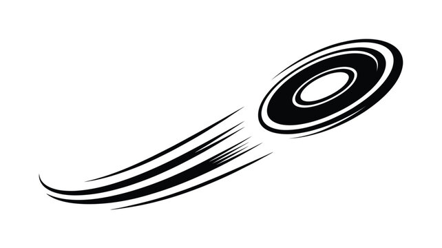 Stylized black frisbee disc in motion with speed lines on a white background