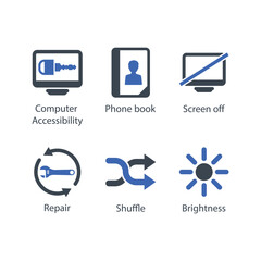Computer Accessibility, Phone book, Screen off, Repair, Shuffle, Brightness, icon