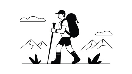 Obraz premium Man hiking with backpack and poles through mountains and clouds in simple line art style