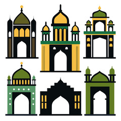 Islamic mosque gate silhouettes with domes and minarets architecture
