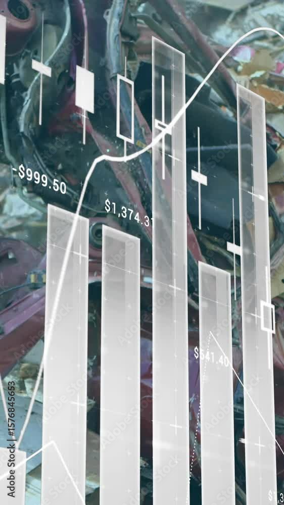 Poster animation of multiple graphs over scraped vehicle piled up in metal scrap