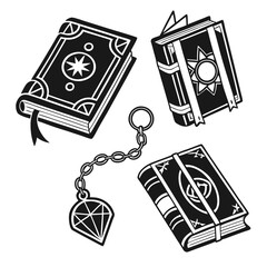 Magical spellbooks and charm on white background fantasy