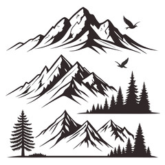 Majestic mountain peaks and soaring birds silhouette flying