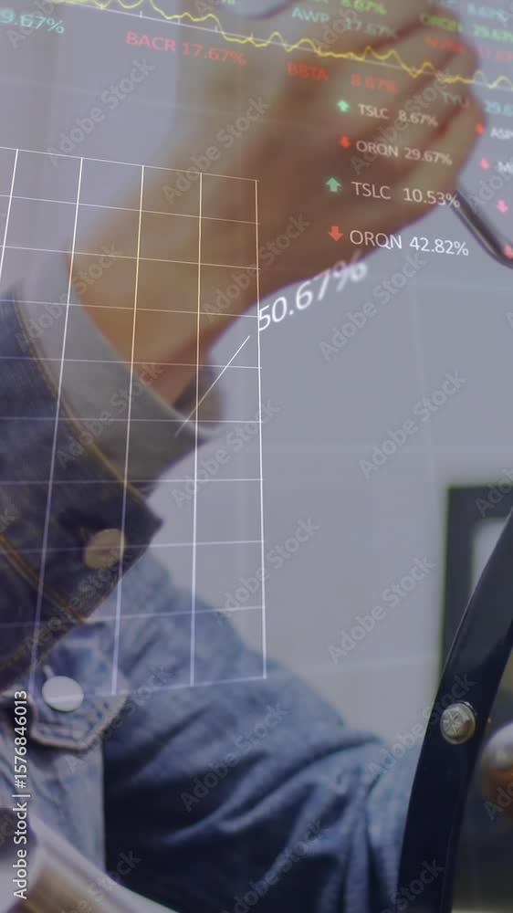 Poster animation of trading board and graphs over caucasian man using coffee machine at cafes