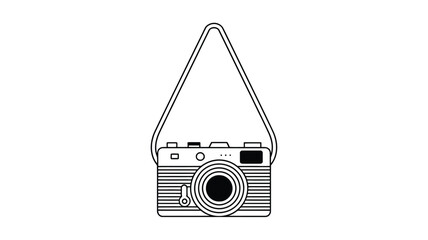 Simple black and white line art illustration of a vintage camera with a strap