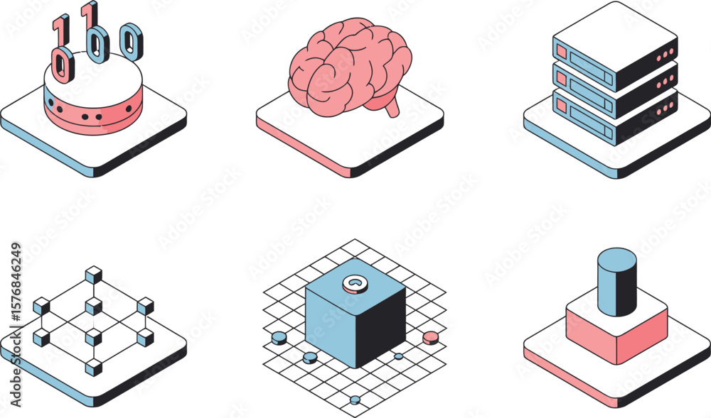 Poster isometric icons representing artificial intelligence and data related concepts