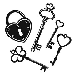 Ornate heart lock and antique keys black silhouettes vintage