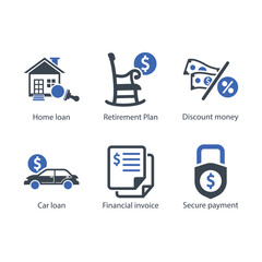 Home loan, Retirement Plan, Discount money, Car loan, financial invoice, Secure payment, icon