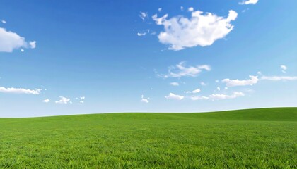 Fototapeta premium Serene grassy field under a bright blue sky with fluffy white clouds Peaceful nature.