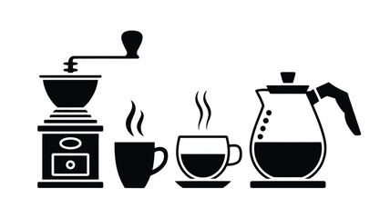Black and white illustration of coffee grinder steaming cups and coffee pot