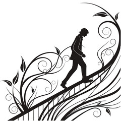 Silhouette man climbing abstract floral staircase vector