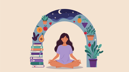 Obraz premium Woman Meditating Under a Night Sky Arch of Plants and Books