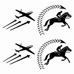 Silhouettes of airplane and horse rider with motion arrows and laurel wreath jockey