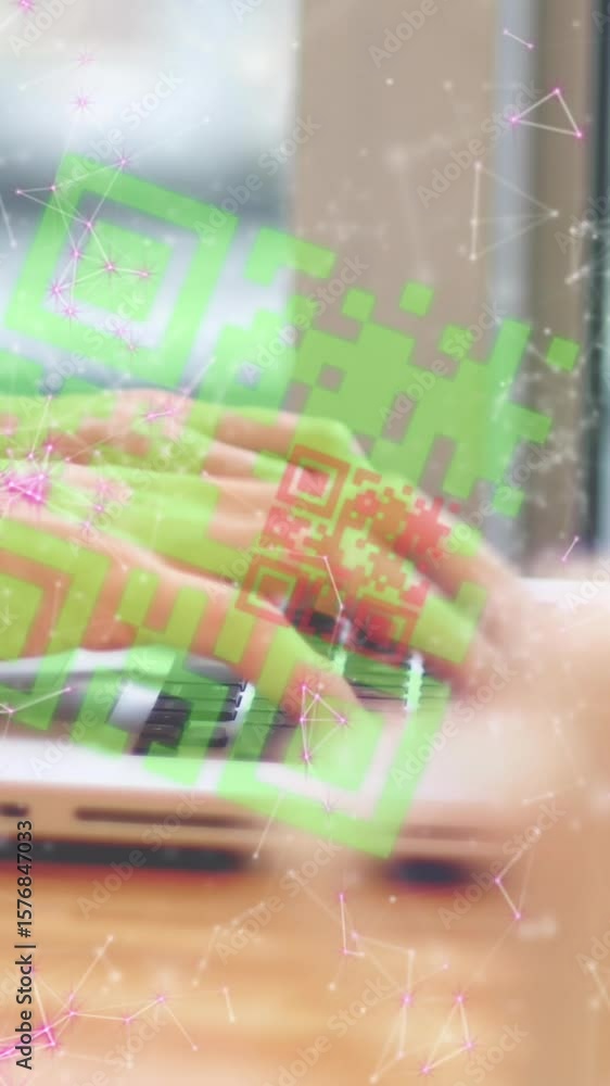 Poster animation of qr code and shapes over hands using laptop