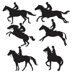 Six black horse rider silhouettes in various galloping and rearing poses vector