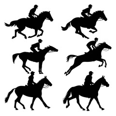 Six black horse rider silhouettes in various galloping poses horse riding equestrian