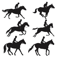 Six black horse rider silhouettes in various galloping poses horse riding equestrian