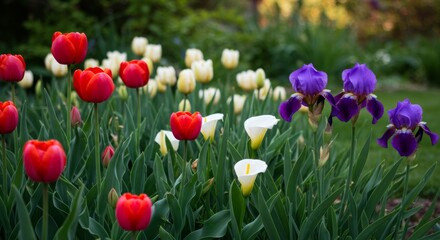 Obraz premium Red and Purple Flowers in a Spring Garden