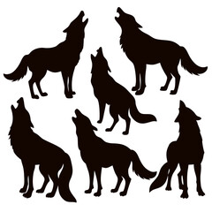 Six black wolf silhouettes howling and standing vector