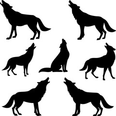 Six black wolf silhouettes howling and standing vector