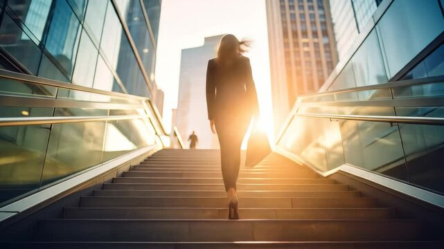 Businesswoman Ascends City Steps at Sunset