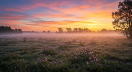 Misty Sunrise Over a Field of Purple Flowers
