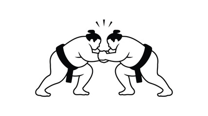 Two sumo wrestlers grappling in a traditional stance ready for combat
