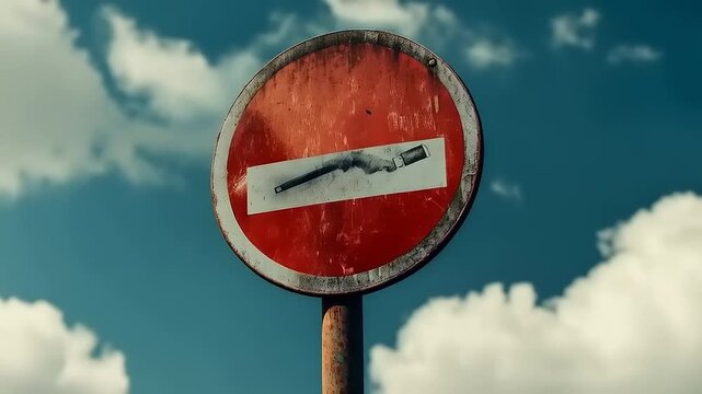 A weathered no-entry sign with a creative sticker on a clear day, surrounded by fluffy clouds