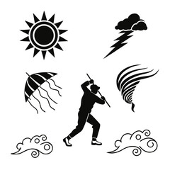 Weather icons sun lightning tornado umbrella and person vector