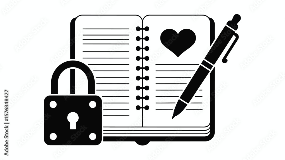 Poster open notebook with heart and pen secured by a padlock representing privacy