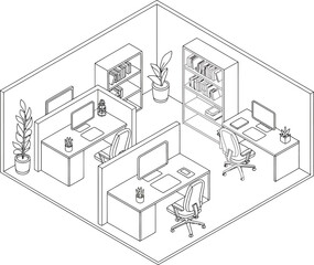 Isometric line drawing of an office space with desks chairs and bookshelves