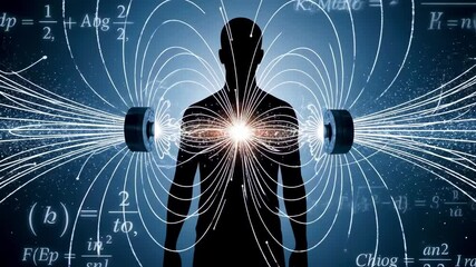 Human silhouette surrounded by magnetic field lines and mathematical equations, illustrating science concepts - Powered by Adobe