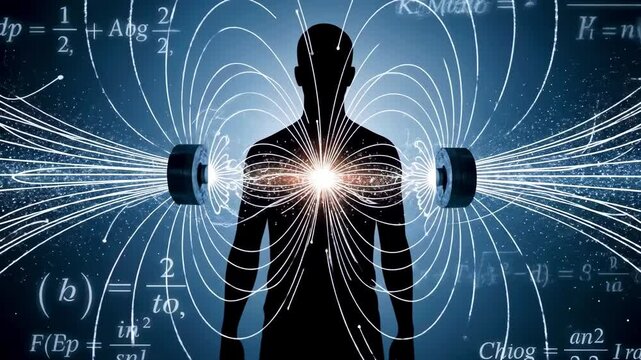 Human silhouette surrounded by magnetic field lines and mathematical equations, illustrating science concepts