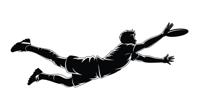 Silhouette of a male ultimate frisbee player diving to catch the disc