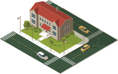 Isometric view of a building with red roof and cars on the road around it scene