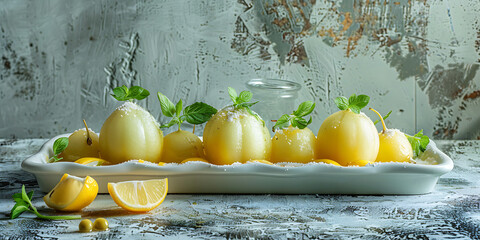 Fresh Lemons with Mint Leaves on a White Plate


