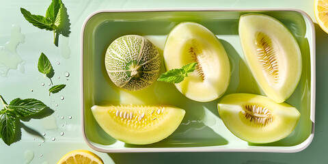 Cantaloupe Melon Slices with Mint Leaves on a Tray

