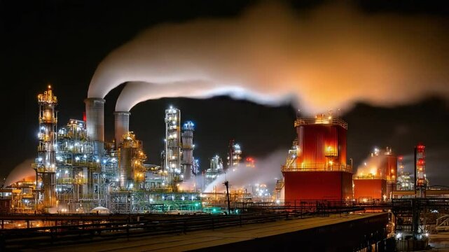 Night Industrial Plant: A detailed, low-angle shot of a sprawling industrial plant illuminated at night, showcasing the scale and complexity of operations with rising smoke.