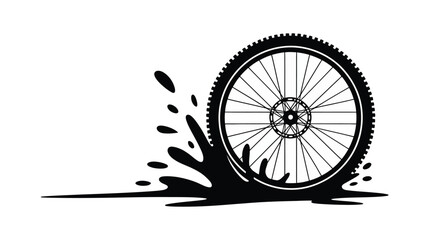 Black silhouette of a bicycle wheel splashing through water or mud