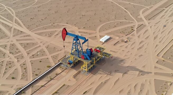 Aerial view of oil pump jack in desert landscape with tire tracks and small white building