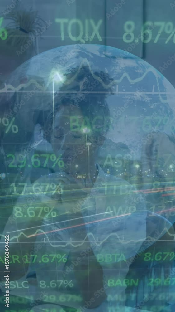 Poster animation of data processing and globe over diverse business people in office