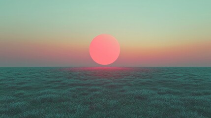 A vibrant digital sunset over a field of grass.
