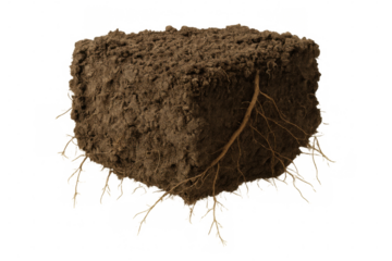 Soil cube revealing complex root network, transparent background enabling precise digital integration for design and scientific visualization