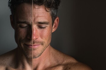 Obraz premium Contrast of Emotions in Man's Facial Expression with Soft Lighting